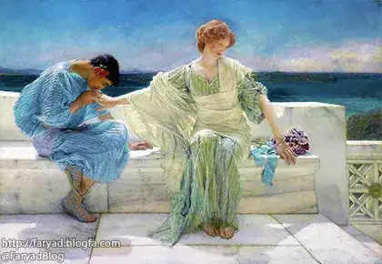 نام نگاره دیگر از من نپرس از لاورنس آلما-تادما، سبک رمانتیسم، ژانر نقاشی صحنههای خودمانی، ۱۹۰۶ میخواهم روزه بگیرم روزه ندیدن چشمهایت روزه نشنیدن صدایت